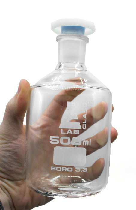 500mL (16.9oz) Glass Reagent Bottle with Acid Proof Polypropylene Stopper, Borosilicate 3.3 Glass - Eisco Labs