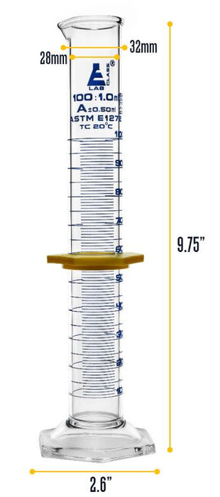 Graduated Cylinder, 100mL - ASTM Class A - Protective Collar, Hexagonal Base - Blue Graduations - Borosilicate Glass