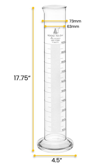 Graduated Cylinder, 1000ml - Class A - White Graduations, Round Base