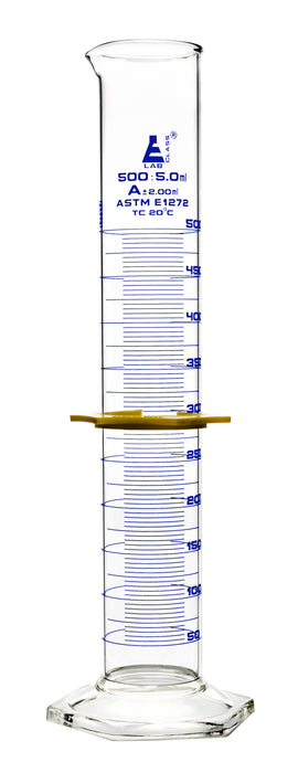 Graduated Cylinder, 500mL - ASTM Class A - Protective Collar, Hexagonal Base - Blue Graduations - Borosilicate Glass
