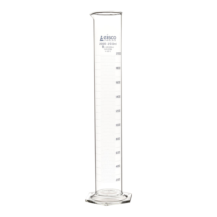 Graduated Cylinder, 2000ml - Class B - Blue Graduations, Hexagonal Base