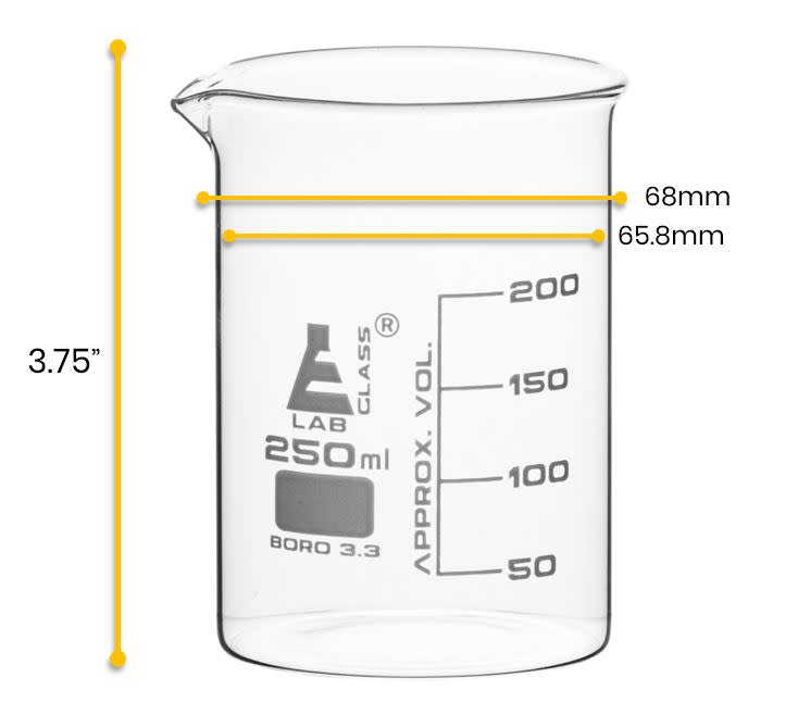 12PK Beakers, 250ml - Griffin Style, Low Form with Spout - White, 50ml Graduations - Borosilicate 3.3 Glass