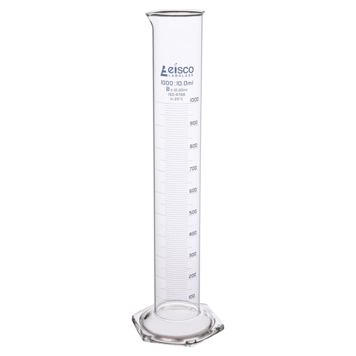 Graduated Cylinder, 1000ml - Class B - Blue Graduations, Hexagonal Base