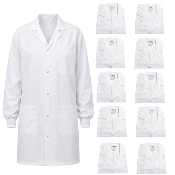 Eisco Adult Medium Professional Grade Poly-Cotton Lab Coat with Ribbed Cuffs, 10 Pack – Durable Snap Front Laboratory Coat, 3 Pockets, Machine Washable, White