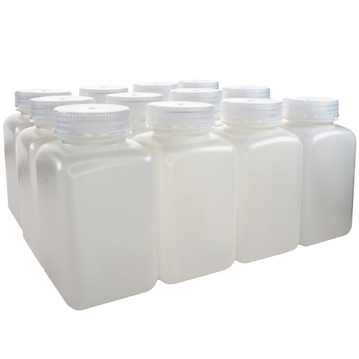 Eisco - Pack of 12, Sterile 500mL Square HDPE Reagent Bottles with Wide Mouth Polypropylene Caps, Translucent, Non-Autoclavable, Leak-Proof, Chemical Resistant, -100°C to 120°C, Ideal for Laboratory and Industrial Use
