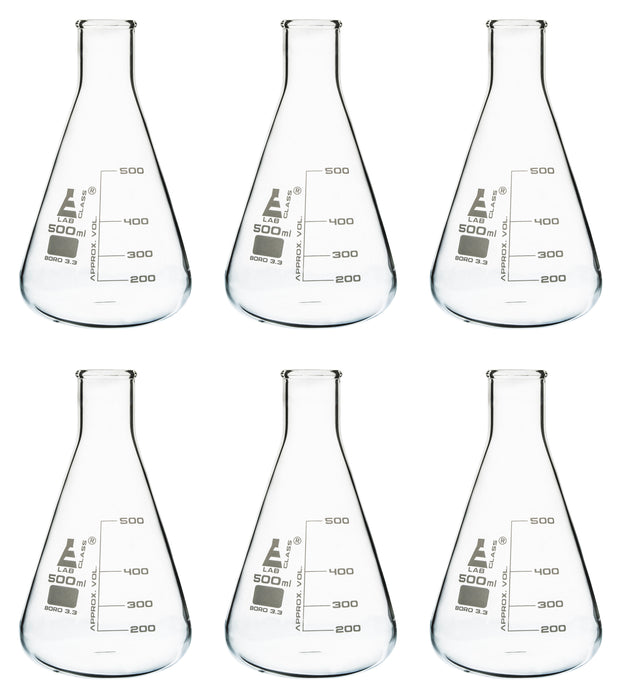 6PK Erlenmeyer Flasks, 500mL - Narrow Neck - Borosilicate Glass