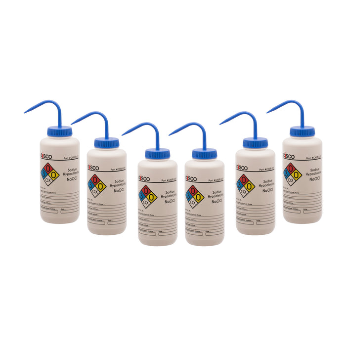 6PK Performance Plastic Wash Bottle,  Sodium Hypochlorite (Bleach), 1000 ml - Labeled (4 Color)