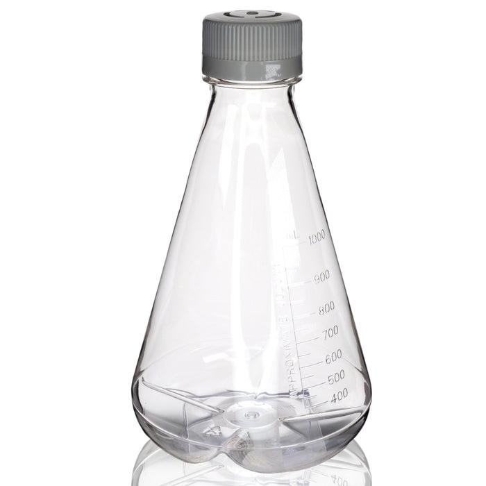 Eisco - Pack of 1, 1L Sterile PETG Erlenmeyer Flask, Vented, Baffled Bottom, Gamma Sterilized, USP Class VI, Lab-Grade, Cell Culture, Mixing, Shaker Compatible