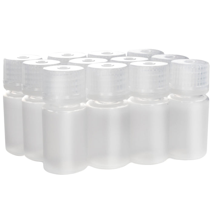Eisco - Pack of 12, 15mL Narrow Mouth Polypropylene Reagent Bottles with Polypropylene Caps, Autoclavable, Translucent, Non-Sterile, Leak-Proof, 0-135°C Temperature Range, Ideal for Lab Storage and Transport