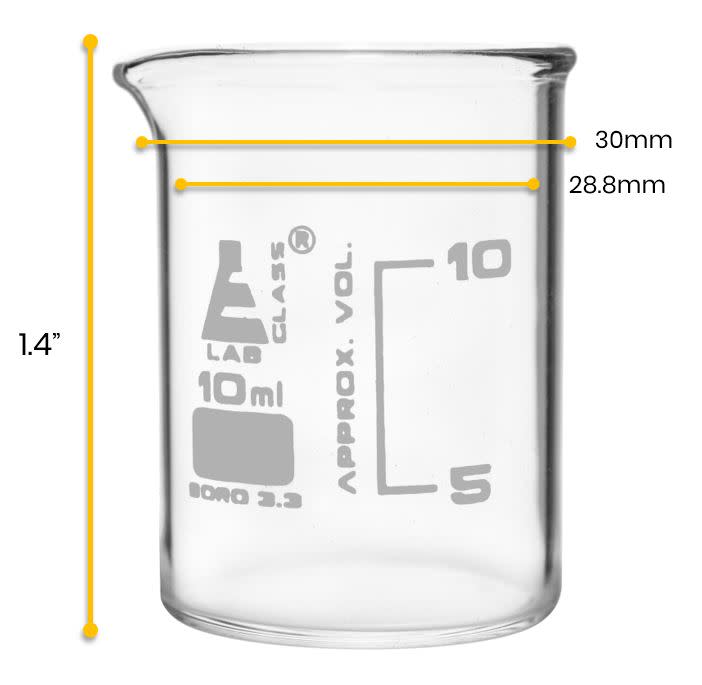 12PK Beakers, 10ml - ASTM - Low Form, Dual Scale Graduations - Borosilicate Glass