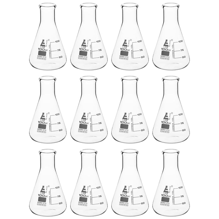 12PK Erlenmeyer Flasks, 100mL - Narrow Neck - Borosilicate Glass