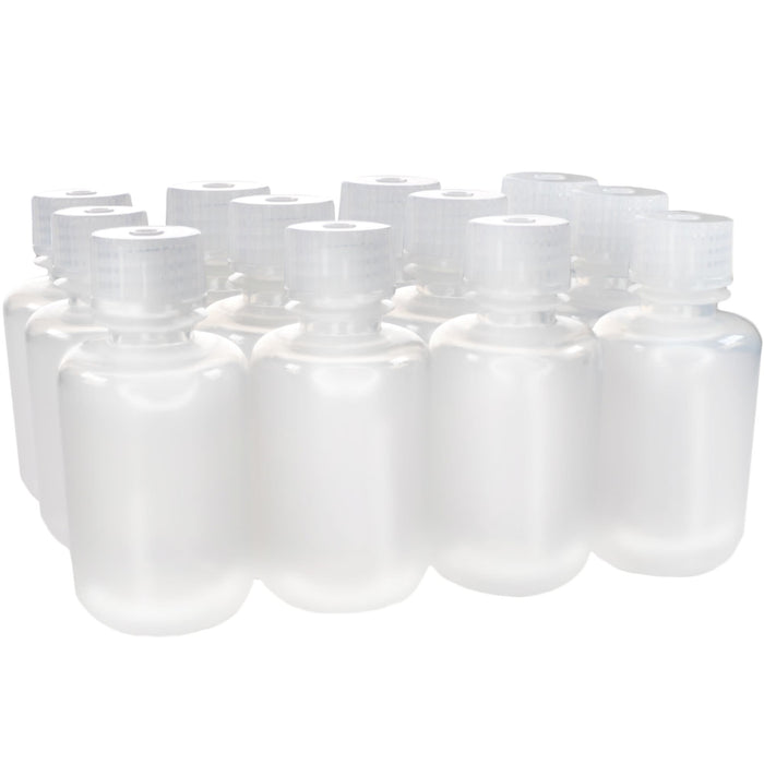 Eisco - Pack of 12, 60mL Narrow Mouth Polypropylene Reagent Bottles with Polypropylene Caps, Autoclavable, Translucent, Non-Sterile, Leak-Proof, 0-135°C Temperature Range, Ideal for Lab Storage and Transport