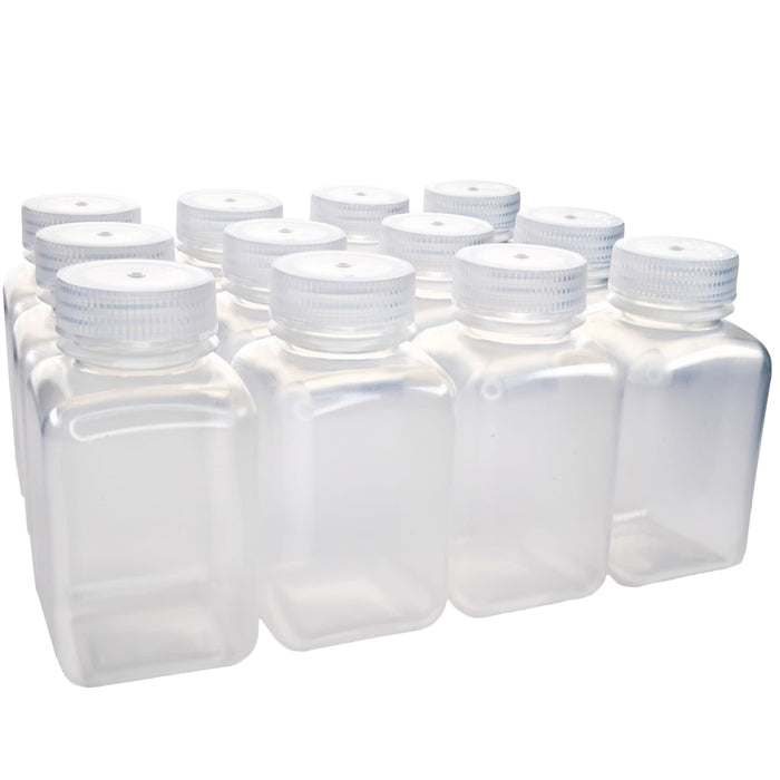 Eisco - Pack of 12, 250mL Square Polypropylene Reagent Bottles with Wide Mouth Polypropylene Caps, Translucent, Autoclavable, Leak-Proof, Chemical Resistant, 0-135°C