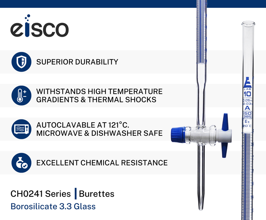 Schellbach Burette, 10mL - Class A - PTFE Stopcock - Blue Graduations - Borosilicate Glass