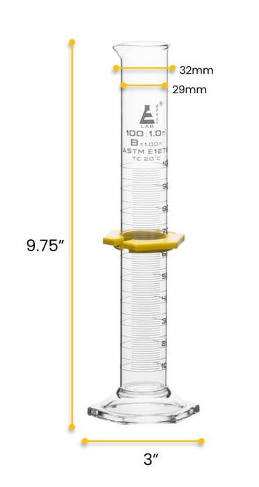 100mL Graduated Cylinder - Borosilicate 3.3 Glass - Class B - Hexagonal Base - White Single Scale