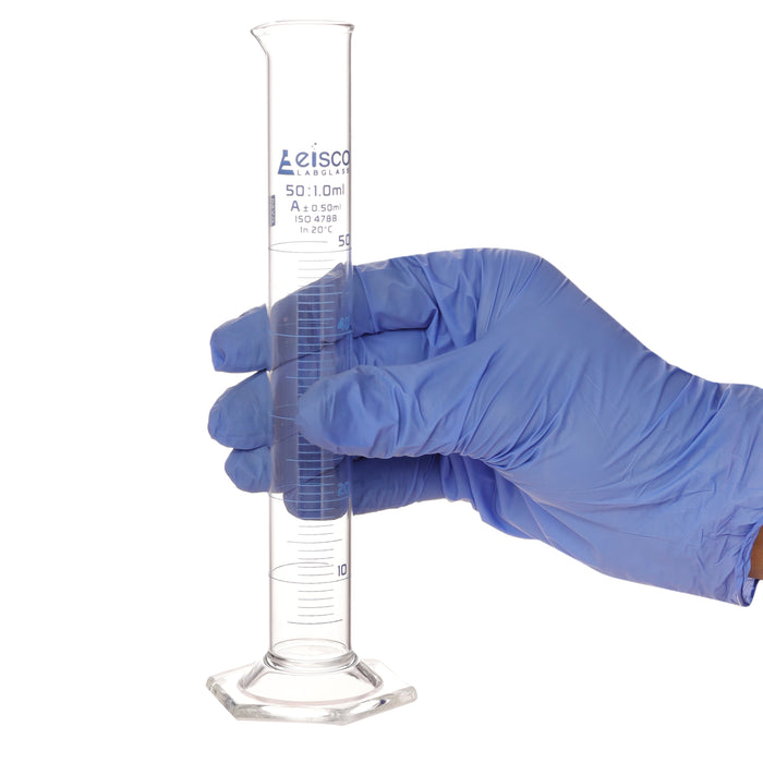 Graduated Cylinder, 50ml - Class A - Blue Graduations, Hexagonal Base