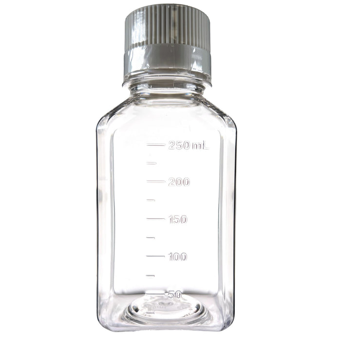 Eisco - Pack of 24, 250mL Sterile PETG Media Bottles with HDPE Caps, Square, Leak-Proof, Tamper-Evident, Non-Pyrogenic, Gamma Sterilized, Ideal for Lab Reagents, Buffers & Biopharmaceutical Use