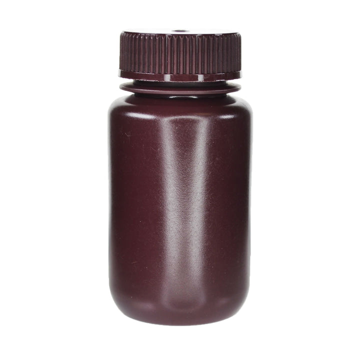 Eisco - Pack of 12, Sterile 125mL Wide Mouth Amber HDPE Reagent Bottles with Polypropylene Caps, Leak-Proof, UV Light Protection for Laboratory Samples, -100 to 120°C, Durable Chemical-Resistant Lab Containers