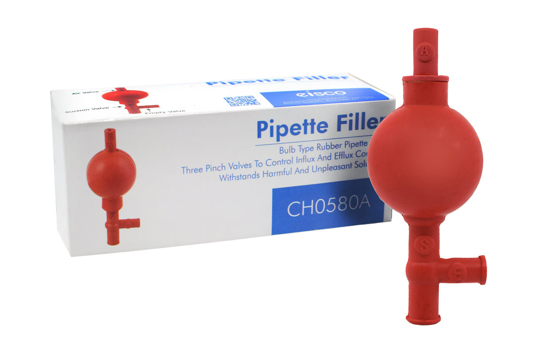 Pipette Filler, Rubber Bulb - 54mm Dia. Three Pinch Valves - Suitable for Noxious Solutions - Eisco Labs