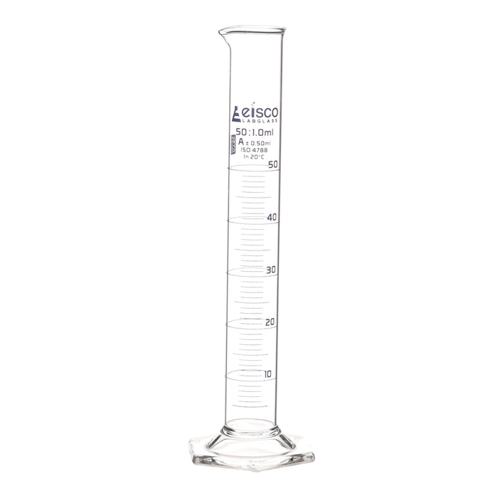 Graduated Cylinder, 50ml - Class A - Blue Graduations, Hexagonal Base