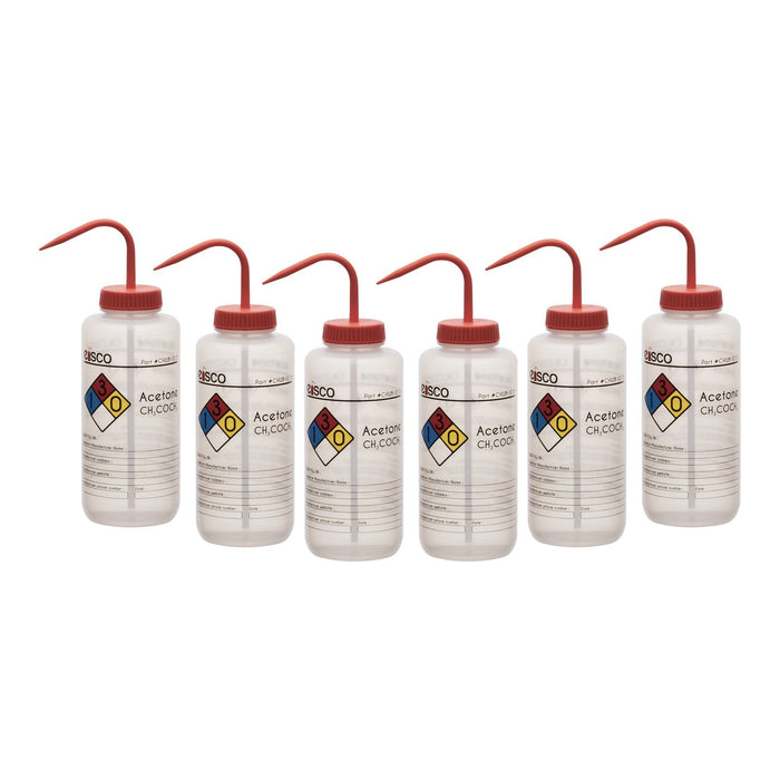 6PK Performance Plastic Wash Bottle, Acetone, 1000 ml - Labeled (4 Color)