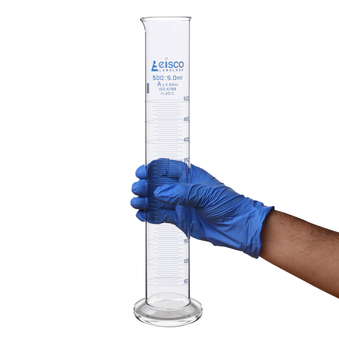 Graduated Cylinder, 500ml - Class A - Blue Graduations, Round Base