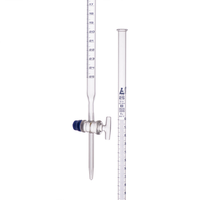 Burette, 25ml - Class B, DIN ISO 385, Borosilicate Glass with Glass Key Stopcock, 0.10ml Graduations - Eisco Labs
