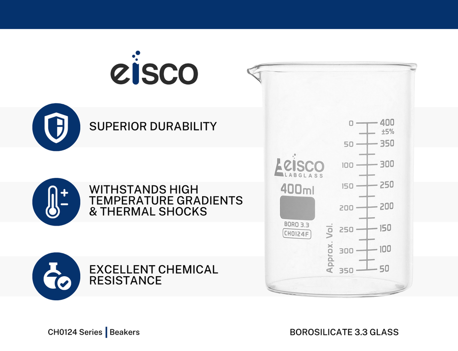 12PK Beakers, 10ml - ASTM - Low Form, Dual Scale Graduations - Borosilicate Glass