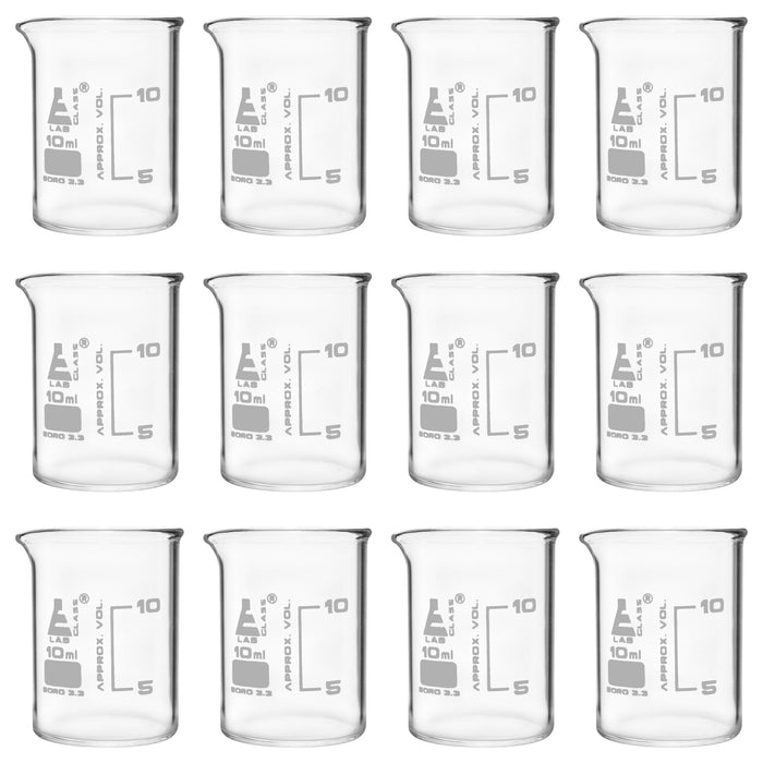 12PK Beakers, 10ml - ASTM - Low Form, Dual Scale Graduations - Borosilicate Glass