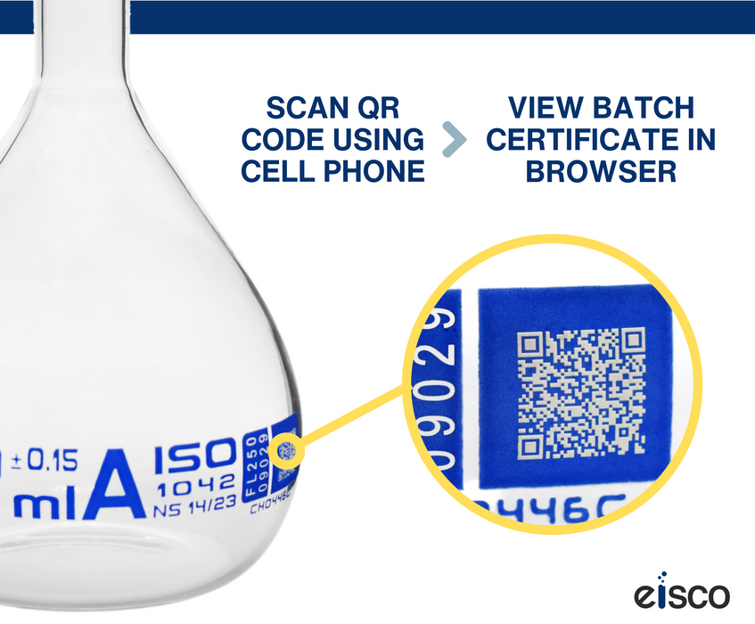 Volumetric Flask, 200mL - Class A - Borosilicate Glass, Polyethylene Stopper, 14/23 Socket - QR Code Marking for Calibration Certificate