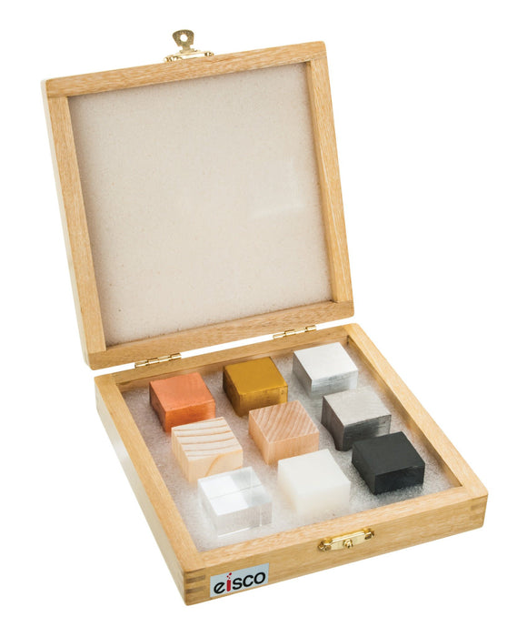 9pc Specimen Density Cube Set - Brass, Iron, Copper, Aluminum, Hardwood, Softwood, Nylon, PVC & Acrylic - For Studying Density & Mass