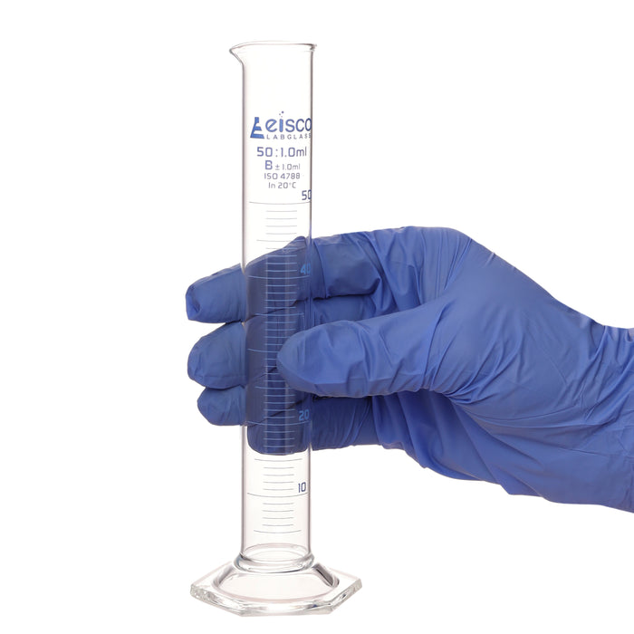 Graduated Cylinder, 50ml - Class B - Blue Graduations, Hexagonal Base