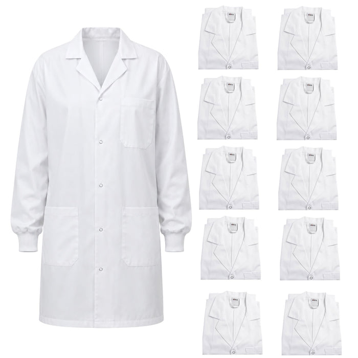 Eisco Adult Large Professional Grade Poly-Cotton Lab Coat with Ribbed Cuffs, 10 Pack – Durable Snap Front Laboratory Coat, 3 Pockets, Machine Washable, White
