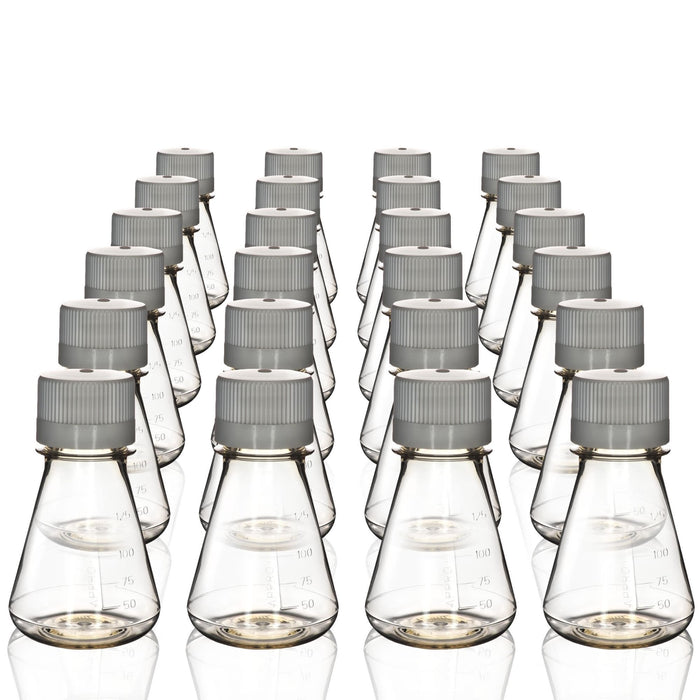 Eisco - Pack of 24, 125mL Sterile Polycarbonate Erlenmeyer Flasks, Non-Vented, Flat Bottom, Gamma Sterilized, USP Class VI, Lab-Grade, Chemical Storage, Cell Culture, Mixing