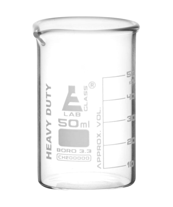 Heavy Duty Beaker, 50ml - 2.2mm Thick, Uniform Walls - Superior Durability & Chemical Resistance - White Graduations - Borosilicate 3.3 Glass - Eisco Labs