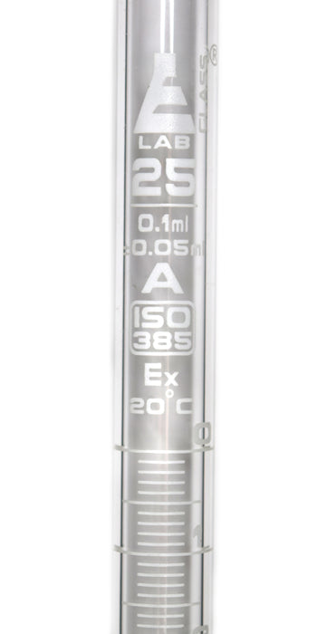 Burette, 25ml - White 0.10mL Graduations - Class A, Conforms with DIN ISO 385 Standards - Borosilicate Glass with PTFE Key Stopcock - Eisco Labs