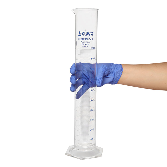 Graduated Cylinder, 1000ml - Class A - Blue Graduations, Hexagonal Base