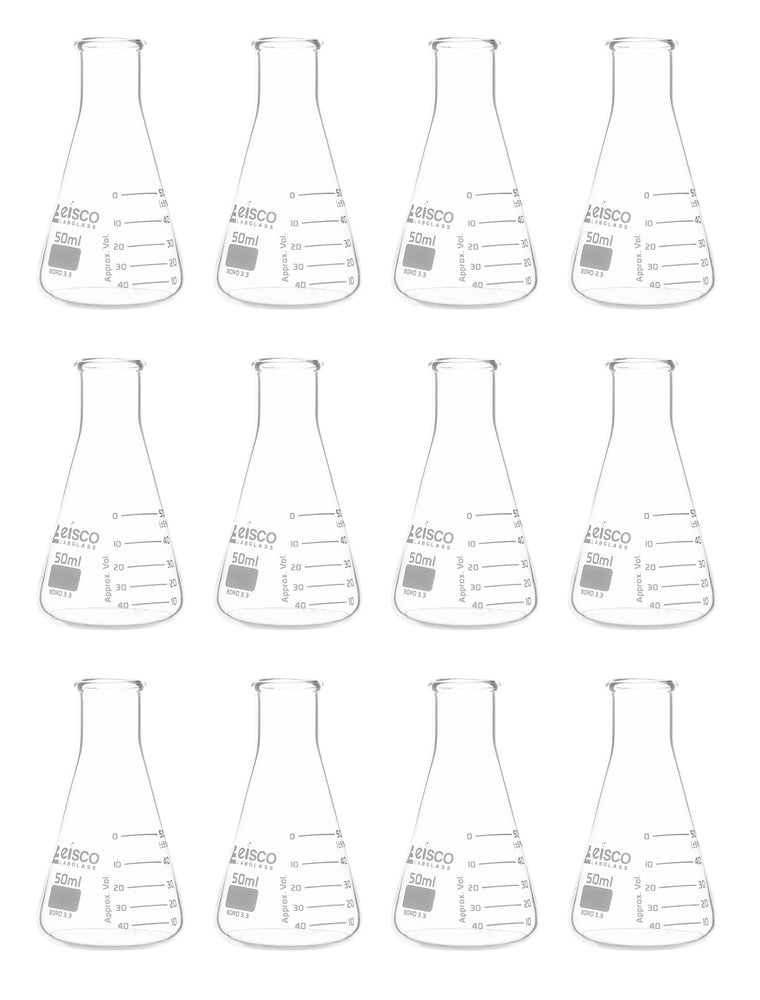 12PK Erlenmeyer Flasks, 50mL - ASTM, Dual Graduated Scale - Borosilicate Glass