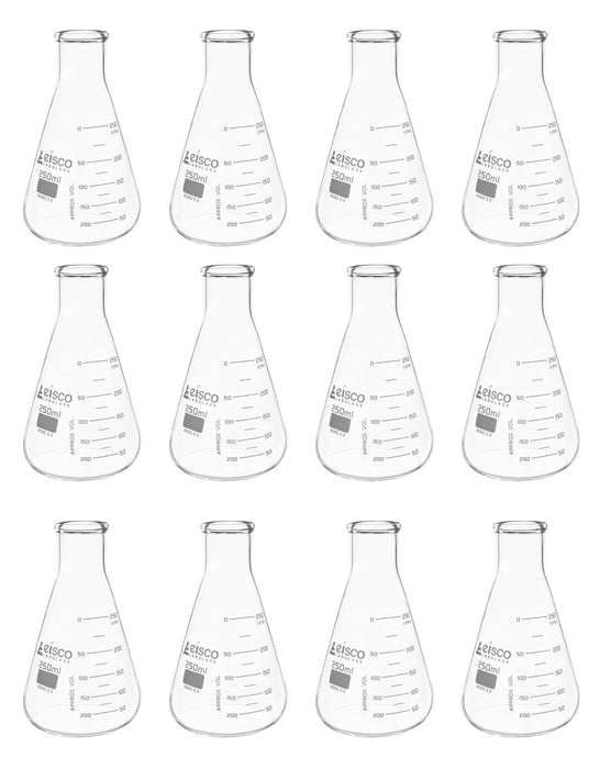 12PK Erlenmeyer Flasks, 250mL - ASTM, Dual Graduated Scale - Borosilicate Glass