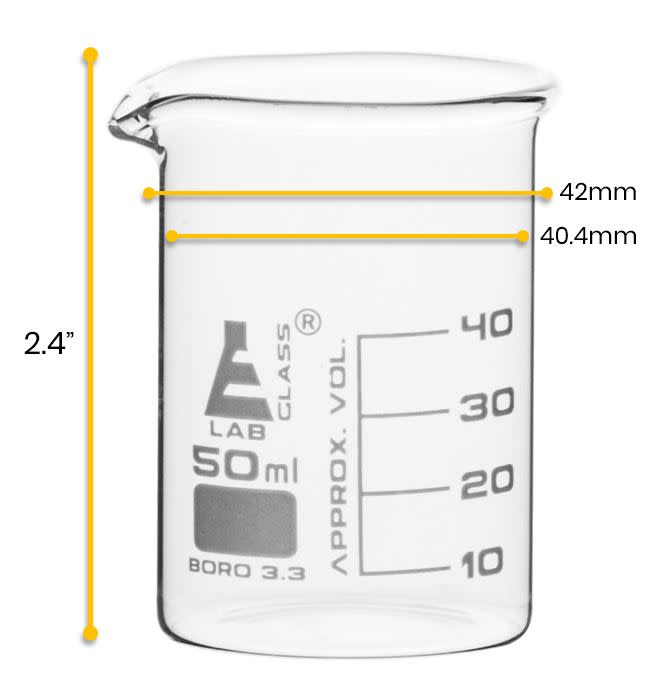 12PK Beaker, 50ml - Low Form with Spout - White, 10ml Graduations - Borosilicate 3.3 Glass