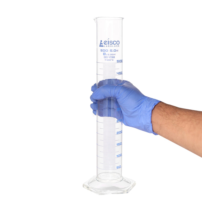 Graduated Cylinder, 500mL - Class B - Hexagonal Base - Blue Graduations - Borosilicate Glass