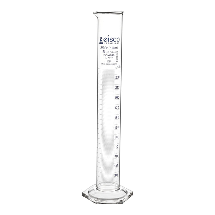 Graduated Cylinder, 250ml - Class B - Blue Graduations, Hexagonal Base