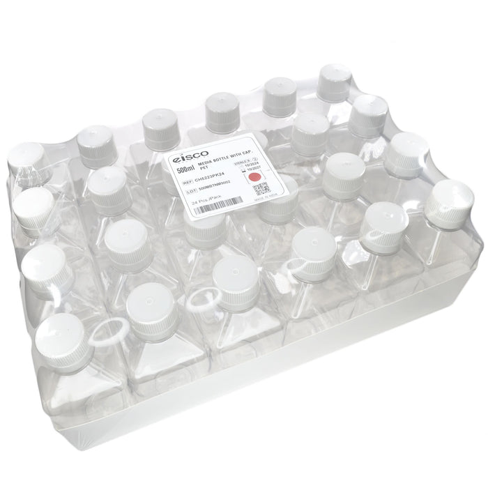 Eisco - Pack of 24, 500mL Sterile PET Media Bottles with HDPE Caps, Leakproof, Tamper-Evident, Lab-Grade, Ideal for Lab Reagents, Buffers & Biopharmaceutical Processing