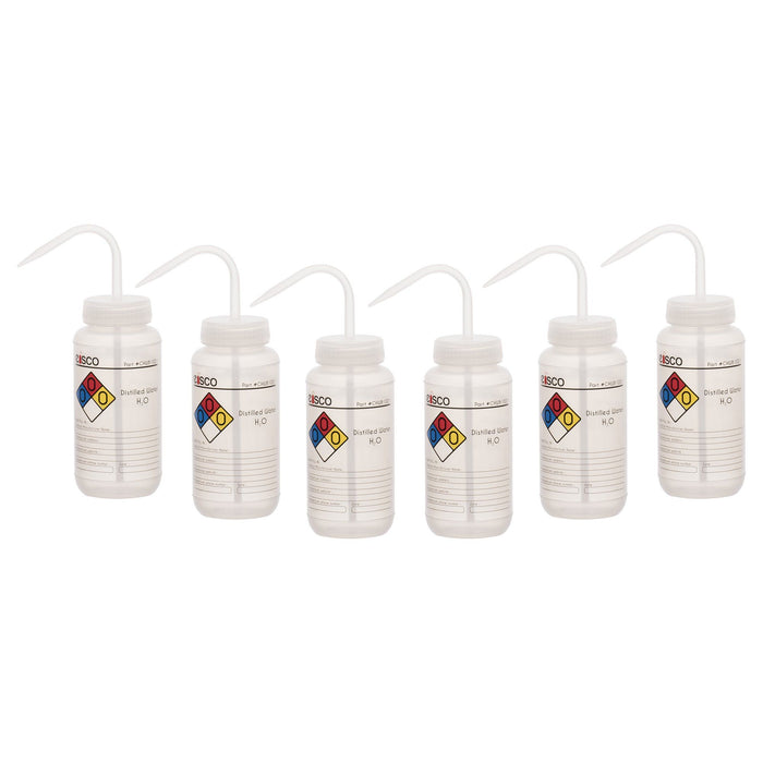 6PK Performance Plastic Wash Bottle, Distilled Water, 500 ml - Labeled (4 Color)