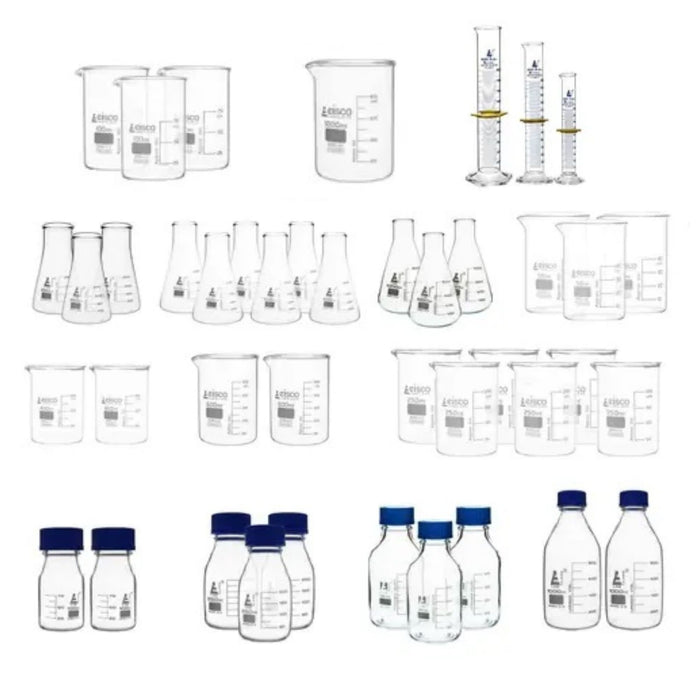 Eisco Labs - 42 Piece Lab Glass Starter Set - Borosilicate Glass Beakers, Reagent Bottles, Graduated Cylinders, Conical Flasks - Autoclavable, Reusable Labware for Science Labs and Educational Use