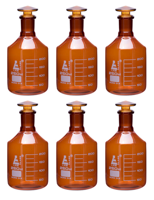 6PK Reagent Bottles, Amber, 250mL - Graduated - Narrow Mouth with Solid Glass Stopper - Borosilicate Glass