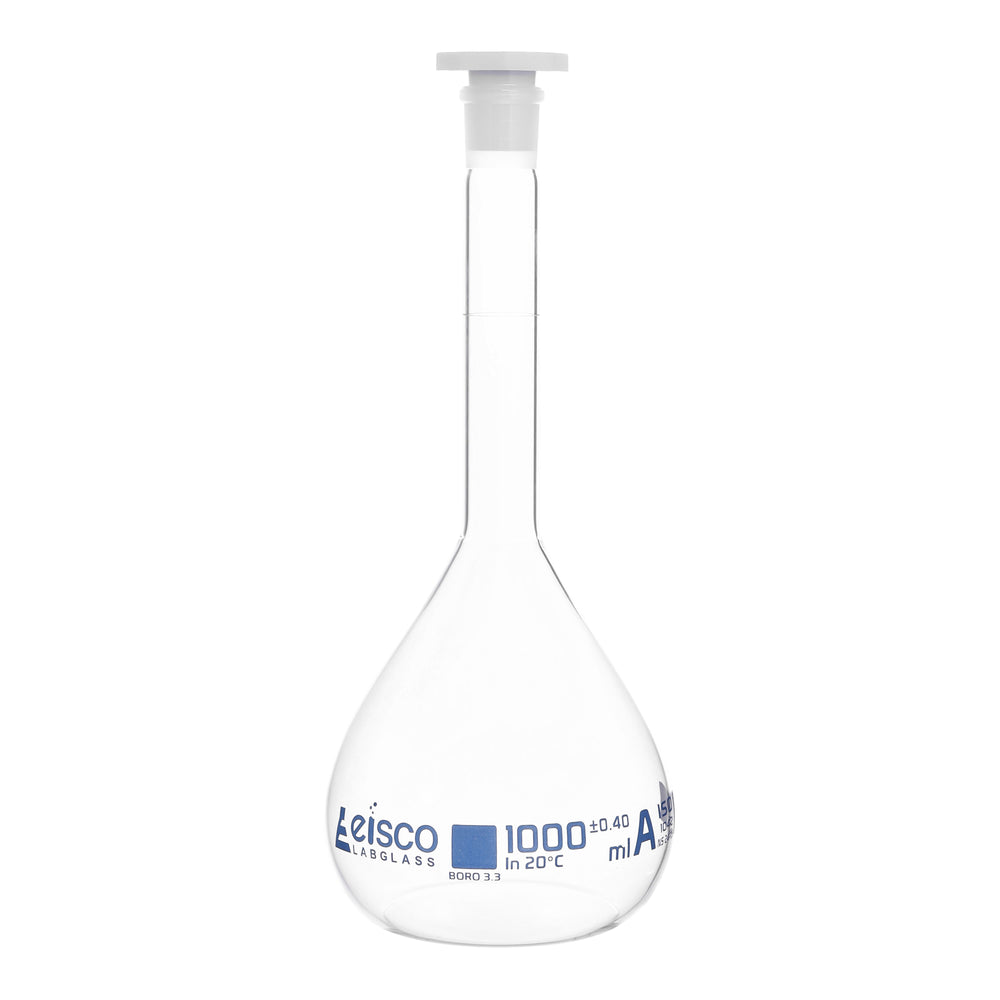 Volumetric Flask, 1000mL Class A Borosilicate Glass, Polyethylene