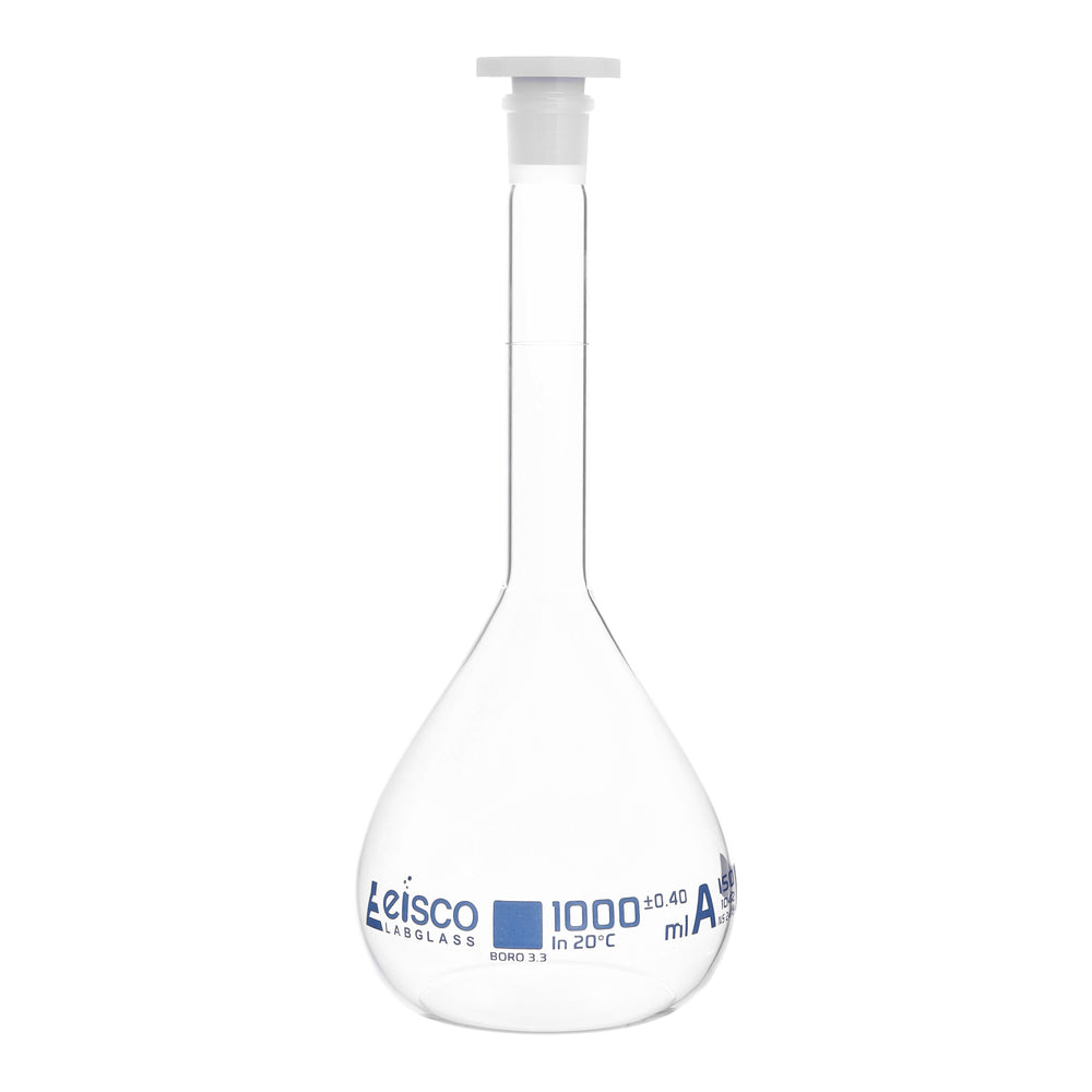 Volumetric Flask, 1000mL - Class A - Borosilicate Glass, Polyethylene Stopper, 24/29 Socket - QR Code Marking for Calibration Certificate