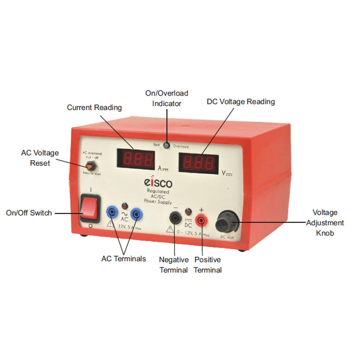 Eisco Labs Regulated Dual Output Digital Display Power Supply, AC: 12V, 5 Amps, DC: 0-12V, 5Amps