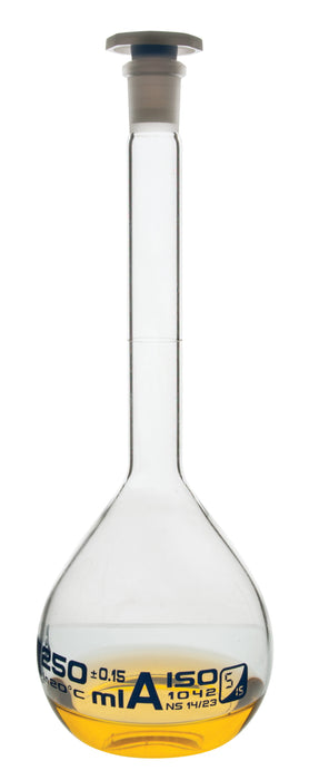 Volumetric Flask, 250ml - Class A - 14/23 Polyethylene Stopper, Borosilicate Glass - Blue Graduation, Tolerance ±0.150 - Eisco Labs